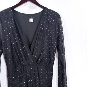 Venus Black Mesh Rhinestone Ruched V Neck Long Sleeve Gown Dress Large Glam Dark